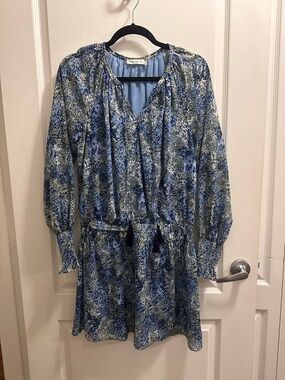 Ramy Brook Blue Printed Long Sleeve Tie-Waist Dress